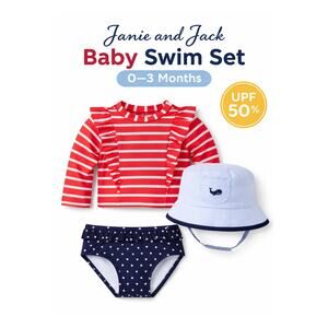Janie and Jack Baby Stars & Stripes Rash Guard Set + Sun Hat | 0–3M | NWOT